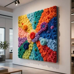 : colorful abstract fuzzy sculpture art on the wall in modern architecture studio, cinematic lighting, hyper - realistic, detailed, render by c 4 d octane, unreal engine, 8 k 3 d render