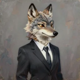 oil painting of anthromorphic furry female wolf, in style of zootopia, female fursona, furry, furaffinity, 4 k, deviantart, furry art, fursona art, wearing black business suit, business suit, wolf fursona, expressive feminine face, female,