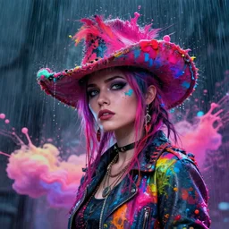 splashes of neon clouds, mowhawk, punk women portrait made out of paint with rain in the background, trending on artstation, epic composition, emotional, beautiful, rendered in octane, highly detailed, realistic, comic book art, sharp focus, matte painting, unreal engine