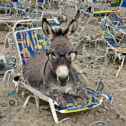 A photograph of a donkey wearing cool glasses ,lying on a beach sun bed, 8k, highly detailed