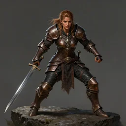 Female barbarian, heavy brown metallic armor, black leggins, swords, gorgeous and beautiful, light brown messy hair, dark skin, brown eyes, detailed face, battle stance, high fantasy, extremely detailed, alone, on a rock, DND, D&D, matte painting, by wlop and peter mohrbacher