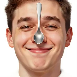 portrait of a russian young man with a spoon on top of his nose, big grin, wrinkled eyes, wise forehead, big lips, round portruding chin, white background, youthful colours, thin sharp lines, digital painting, artstation, matte, sharp focus, illustration, realistic anime artstyle