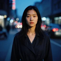 woman, beautiful asian, standing in front of the camera, emotionless, night street, staring at the camera, blue and red, city lights, by steve mccurry, photograph, portrait