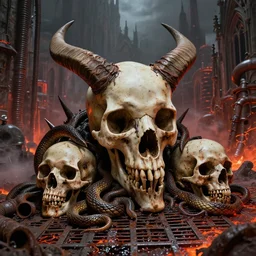 pachuco bones, short sharp horns, hellish, skulls, gothic ribbed cathedral, pipes, lava, metal grates, oily, rusty, snakes, horns, spikes, rusty, oily, smoky, infernal city in the background, in the style of Olivia De Berardinis, Boris Vallejo, Frank Thorne