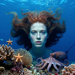 cinematic photograph of a mermaid with detailed face, huge flowing hair by tim walker and wes anderson, in the ocean, deep blue colours, lots of detail, fine facial features, coral reef, sea anemones, starfish, fish, octopus, stingray