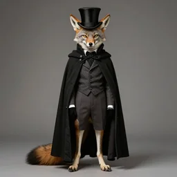 Tall, elegant, Coyote man, has yellow wolf eyes, a long beautiful tail, long coyote like ears, He is dressed Victorian era style, wearing a Top Hat and cape, highly realistic, photoreal, photograph in the style of Annie Leibovitz, Studio lighting