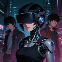 photo portrait of a japanese cyberpunk cyborg girl, finely detailed features, cyborg robot parts, futuristic vr headset, dramatic cinematic, at cyberpunk city, ghost in the shell, akira, odeo, cinematic lighting, in danger, noir, trending on pixiv fanbox, painted by greg rutkowski makoto shinkai takashi takeuchi craig mullins, alphonse mucha, studio ghibli, pixiv