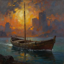 a painting of a boat in a body of water, a matte painting by anton fadeev, trending on artstation, fantasy art, matte painting, rich color palette, apocalypse landscape