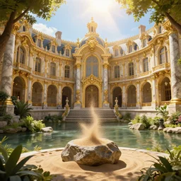 rich fantasy city ornate, gold and marble, french elements, sand floating on a rock, shining sun, river, guilds, magic, sunlight rays, with  trees and plants around  Bordeaux and Britanny, trending on Artstation, 8K