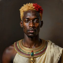 a professionally painted african male model , clothed in ancient wear, dark skin, red gold hair, beautiful bone structure, symmetrical scars features, stunningly, beautiful, intricate, elegant, digital painting, smooth, sharp focus, illustration, made by Kehinde Wiley, Kara Walker, Jacob Lawrence, Sam Gilliam, Edmonia Lewis,