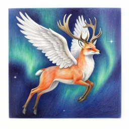 a colored - pencil oil drawing of a auroral cosmic hyperspace winged deer fox griffon in the stargate portal in a vast purple desert, vibrant watercolor fantasy painting on rough gouache canvas, highly detailed fantasy scenery