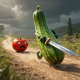 detailed 3 d render of a mad zucchini with a long sword running down a dirt road chasing after a panicking tomato, hyper realistic octane render, dramatic lighting, high speed chase, wide angle, nightmare, surrealism