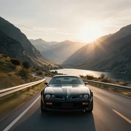 black pontiac firebird trans - am driving towards the camera, mountain, valley, breathtaking mountains, lake, dynamic, sunrise, cinematic, motionblur, sunbeams, volumetric lighting, wide shot, low angle, artstation
