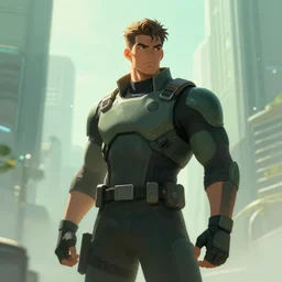 battle hardened, overpowering, pragmatic, charismatic character male handsome muscular techwear, portrait, confident, modern cityscape, outdoors, architecture, fog, sunny, volumetric lighting, illustration, perfectly shaded, greenish tinge, cold lights soft painting, art by krenz cushart and wenjun lin