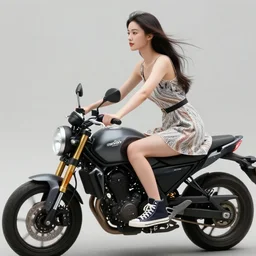 a young woman wearing a beautiful dress and high top sneakers is riding a motorcycle!!, her face resembles mona lisa!, a beautiful lake in the background!, a painting by leonardo da vinci