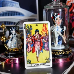 cinestill 5 0 d, 8 k, j. j abrams flare ; esoteric ultra realistic real life tarot card in kagemusha ( 1 9 9 0 ) film still club dance scene in frontiers in porcelain photography fashion magazine june seinen manga portrait edition, hyperrealistic real - life stage dj vaporwave porcelain occult figurine in victorian glass jar, pointe pose, eye contact, tilt shift wide shot zaha hadid background