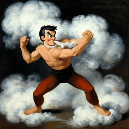 man fighting in a cloud of smoke, inspired by old cartoons. painting by rene magritte, moebius