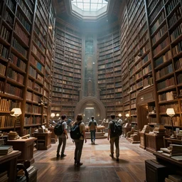 Explorers discover a vast library, sci-fi, wide shot, trending on artstation