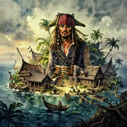 secret tropical pirate island and shanty town, watercolor, dramatic lighting, cinematic, establishing shot, extremely high detail, foto realistic, cinematic lighting, pen and ink, intricate line drawings, post processed, concept art, artstation, matte painting, style by Steven Spielberg, Peter Jackson, art germ