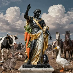 portrait, war, knight, cows, horses, feathers, horns, famine, death, war, wide angle, puffy clouds, skies behind, stars in sky, italian masterpiece, Ashford Black Marble, sculpture, baroque, draped with orange carrot and vines and spines, marble and gold, drapes, white details, beetle, still life, Obsidian, portrait, rabbit, snails vs worms, goose, render, artstation, ultra detailed