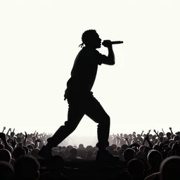 rapping into microphone, silhouette, huge crowd, outrun, hip hop, simple shapes, trending on Artstation, professional artist, detailed, 4k