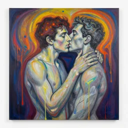 a man being overcome by love, psychedelic dripping colors, detailed painting by painting by man ray and pablo amaringo david normal alex grey yayoi kusama