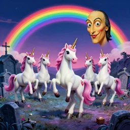 A herd of unicorns dancing on a rave in a graveyard under a rainbow in the sky, octane render in the style of Salvador Dali