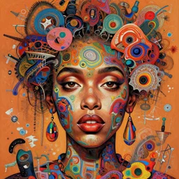 beautiful 👩🏿🦳 face, bizarre, chaotic, vivid, hyper detailed, digital art, in the style of james jean, victo ngai, e. a. seguy patterns, experimental abstract art, dadaist, mixed media collage, bizarre, vibrant, psycho, warm colors