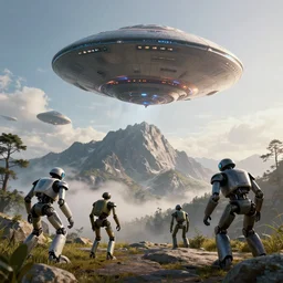 very detailed, octane render, realistic, 8 k, unreal engine 5, dramatic, volumetric, mountain with ufo landing, robots watxhing, morning, ian hubert