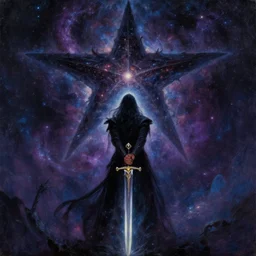 facing the evil darkness dark star with a sword in hand, galactic nebular astral realm sacred journey in oil painting, trending on artstation, award winning, emotional, highly detailed surrealist art