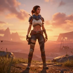 a full body photo of aloy from horizon new dawn using top and shorts, high definition, sunset