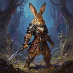 a dwarf rabbit fursona anthro girl thief with leather - strap - armor is exploring the grimdarkest dungeon depths. trending on artstation and pixiv. a vibrant digital oil painting. a highly detailed fantasy character illustration by wayne reynolds and charles monet and gustave dore and carl critchlow and bram sels
