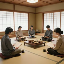 japanese style tea room, a group of people sitting drinking and reading books