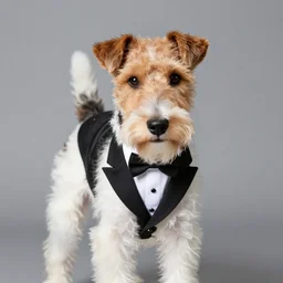 realistic portrait wire fox terrier wearing a tuxedo