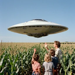 utopian landing of a beautiful spacecraft on a sunny corn field, 1 9 8 0 s utopia, science fiction, optimistic ridley scott, a family waving, conservative, film still from a science fiction movie
