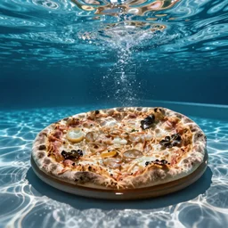 underwater video footage of a pizza, swimming pool.