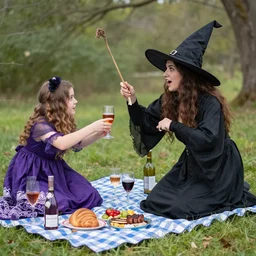 color photo of witch attacking a picnic.