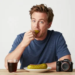 fred savage eating a pickle, ( sony a 7 r iv, symmetric balance, polarizing filter, photolab, lightroom, 4 k, dolby vision, photography awardm, voque, perfect face )