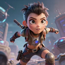 a punky girl with wide set eyes, high cheekbones, a wide mouth with thin lips, and and upturned button nose!!! as a space fighter punk rock pilot!!! cg render!! digital illustration portrait design by, marie magney detailed, gorgeous lighting, wide angle action dynamic portrait