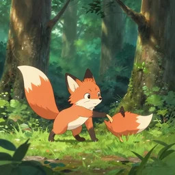 fox as little cat play in forest, try colors, makoto shinkai, ultra hd, ray tracing
