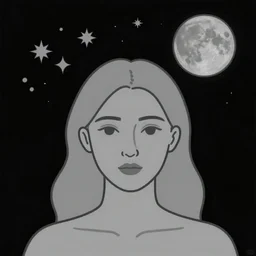 a drawing of a woman with half her face, saturn the moon and some stars on top of her head, solid gray colors, black background, line drawing