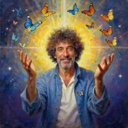 man surrounded by butterflies, celestial light, divine, bob ross painting