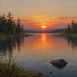 a painting of a sunset over a lake, a detailed matte painting by andreas rocha, featured on deviantart, fantasy art, matte painting, terragen, detailed painting