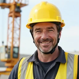 portrait of cheerful bryan cranston as a crane operator, yellow hardhat, natural light, bloom, detailed face, magazine, press, photo, steve mccurry, david lazar, canon, nikon, focus