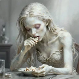 bright realistic anorexic eating herself to death, diffuse lighting, fantasy, intricate, elegant, highly detailed, lifelike, photorealistic, digital painting, artstation, illustration, concept art, smooth, sharp focus, art by francis bacon