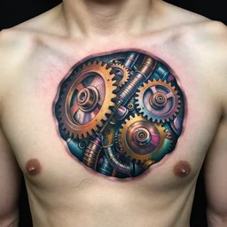 chest tattoo of a 3 d hole in the skin with a shiny multicolored metallic gears and tubes robotic mechanics inside under the skin, insanely integrate,