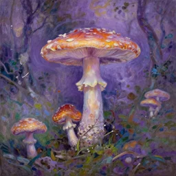 mushroom forest, painted by monet, highly detailed, highly intricate, sense of scale, vast, mysterious, purple, smoke
