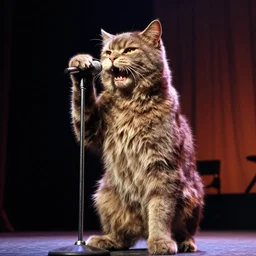 giant cat singing into a microphone on broadway stage, candid photograph by slim aarons