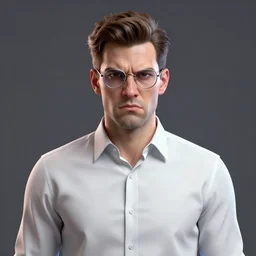 portrait of james rolfe, angry video game need, avgn, wearing a pair of thin glasses and dresses in a white dress shirt, by greg rutkowski, wlop, beeple, dan mumford. octane render, trending on artstation, greg rutkowski very coherent symmetrical artwork. cinematic, hyper realism, highly detailed, octane render, 8 k, iridescent accents