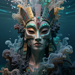 a centered render of an alluring goddess wearing a tribal mask surrounded by a underwater ink pour and flowing liquid galium, perfect face, powerful, cinematic, beautifully lit, by leticia gillett, by viktoria gavrilenko, 3 d, trending on artstation, octane render, 8 k